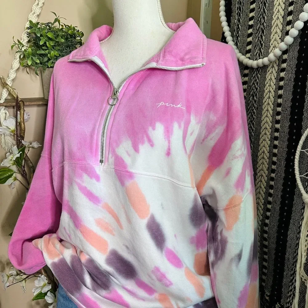 Victoria’s Secret PINK Varsity Half Zip Tie Dye Pullover Oversized Sweatshirt - Picture 4 of 11